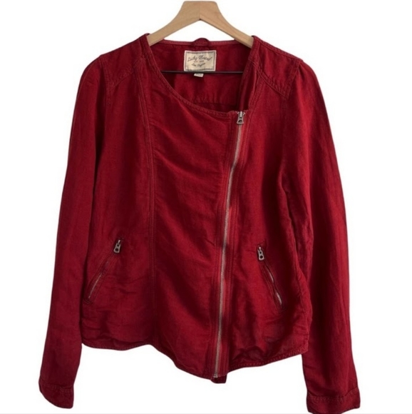 LUCKY BRAND ADDISYN UPDATE Dark Red Linen Blend Zip Up Moto Style Jacket Small - Picture 3 of 10